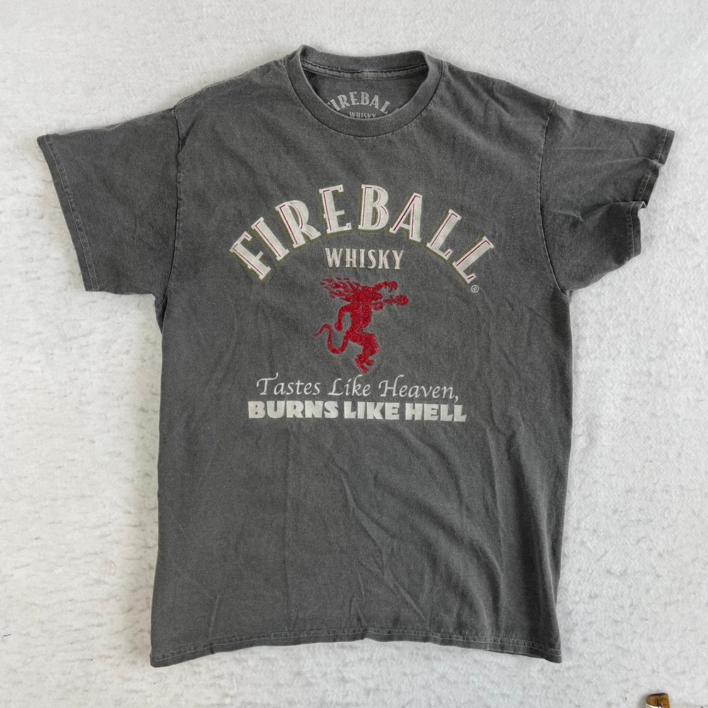 Fireball Whisky Graphic T-Shirt Medium Gray Short Sleeve Distressed Logo Cotton